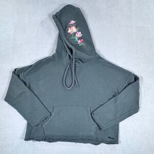 Betsey Johnson Cropped Gray Embroidered Floral Hoodie Sweatshirt Women's Size XS